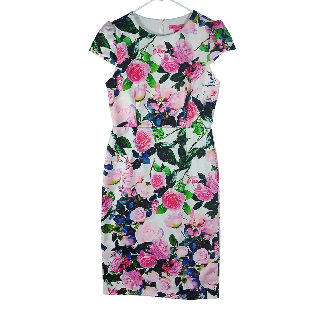 Betsey Johnson Sheath Dress Size 12 White Pink Floral Rose Cap Sleeve
